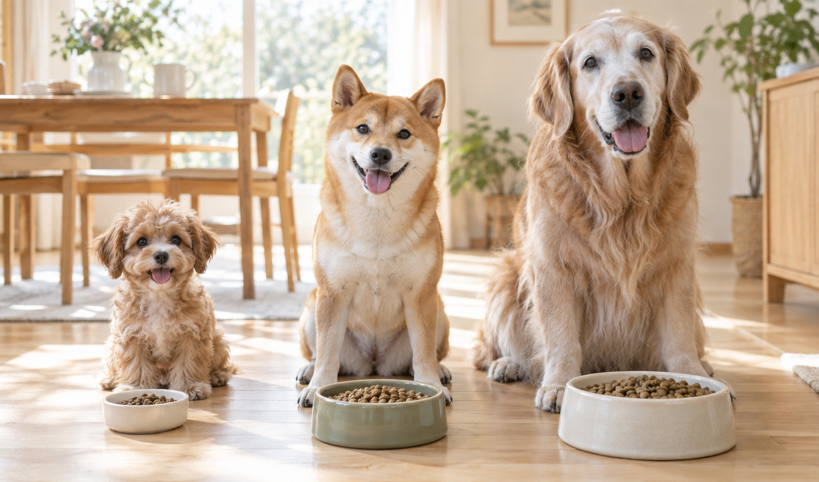 犬種・年齢の異なる3匹の犬とフードボウル